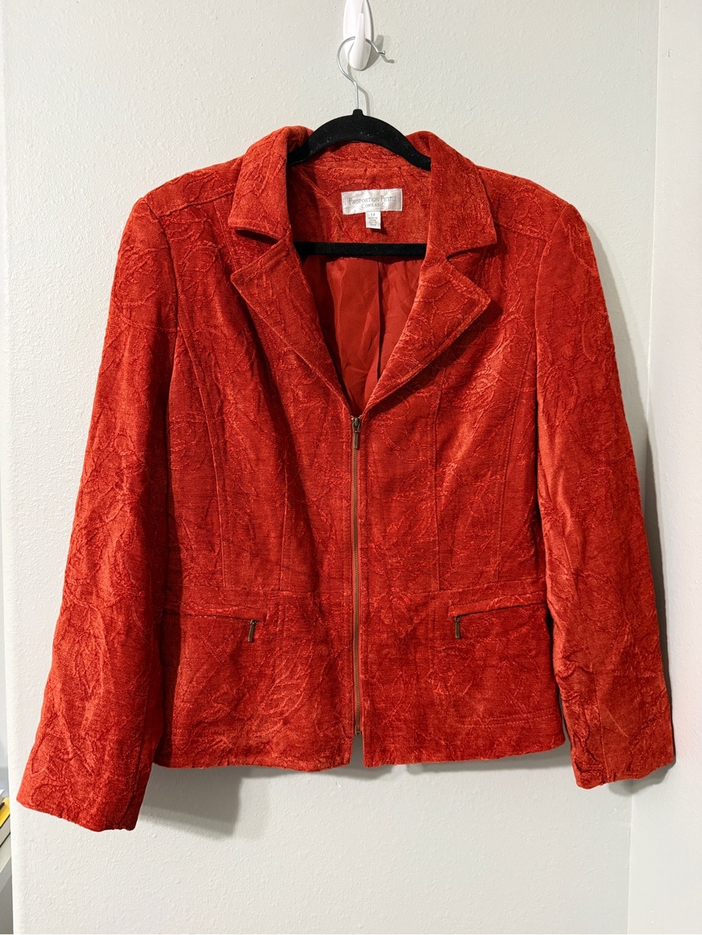 Vintage Velvet Textured Rust Zip Front Jacket Blazer with Collar Zip Pockets 14